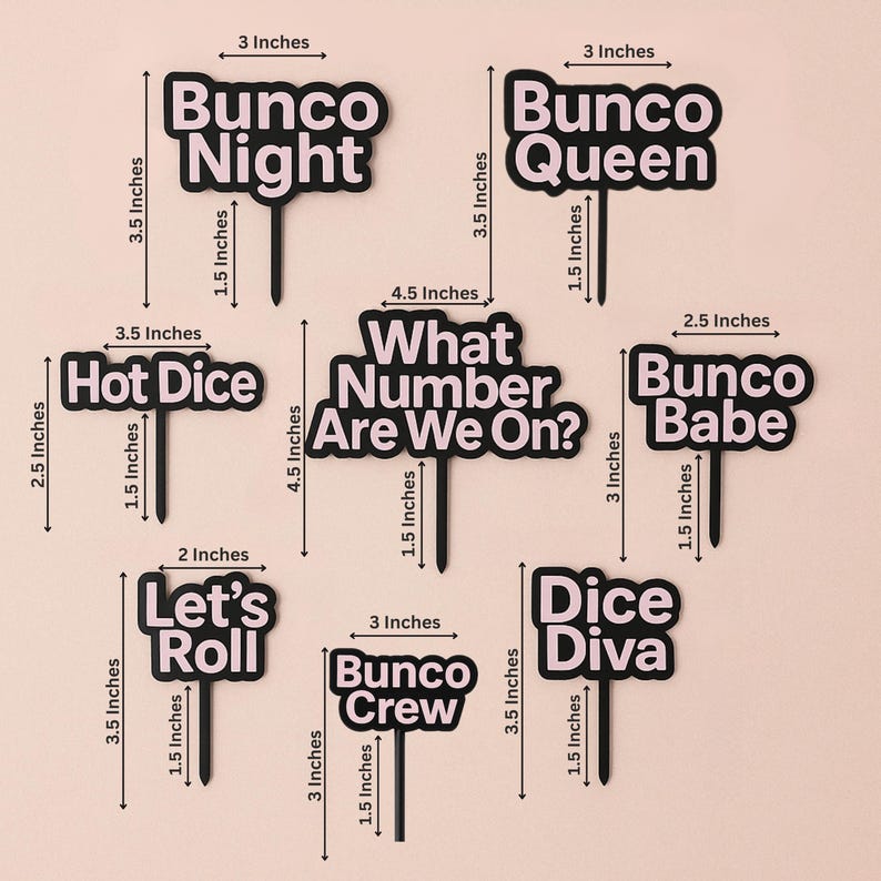 May include: A collection of black photo booth props with white text, including phrases like "Bunco Night," "Bunco Queen," and "Hot Dice." Each prop has a black stick for holding. Measurements are provided in inches.