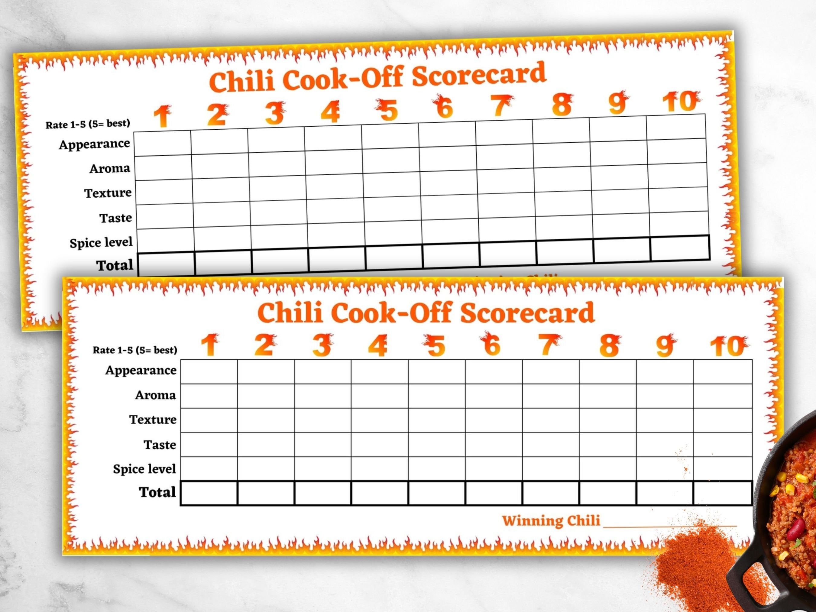 Chili Cook off Scorecard INSTANT DOWNLOAD Chili Competition Chili