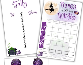 May include: Printable game board for a Halloween-themed Bunco game. The board has a purple and white color scheme with a witch flying on a broomstick and a pumpkin. The title of the game is "Bunco With My Witches".