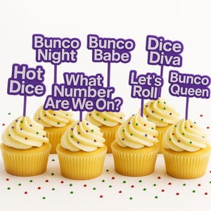 Bunco Cupcake Toppers, 8 Reusable Bunco Saying Picks, Bunco Party Decor, Game Night Treat Toppers, Bunco Gift Bunco Party Supplies Purple and White