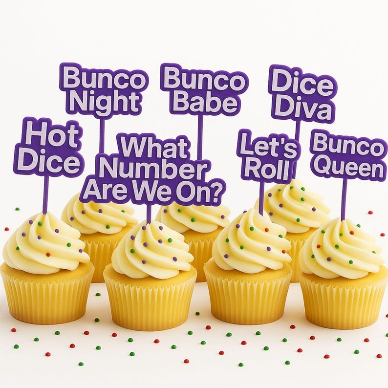 Bunco Cupcake Toppers, 8 Reusable Bunco Saying Picks, Bunco Party Decor, Game Night Treat Toppers, Bunco Gift Bunco Party Supplies Purple and White