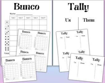 Pode incluir: Uma folha de pontuação imprimível para o jogo de Bunco com folhas de contagem para acompanhar os pontos. A folha de pontuação tem espaços para cinco jogos e uma pontuação total. As folhas de contagem têm espaços para "Nós" e "Eles".