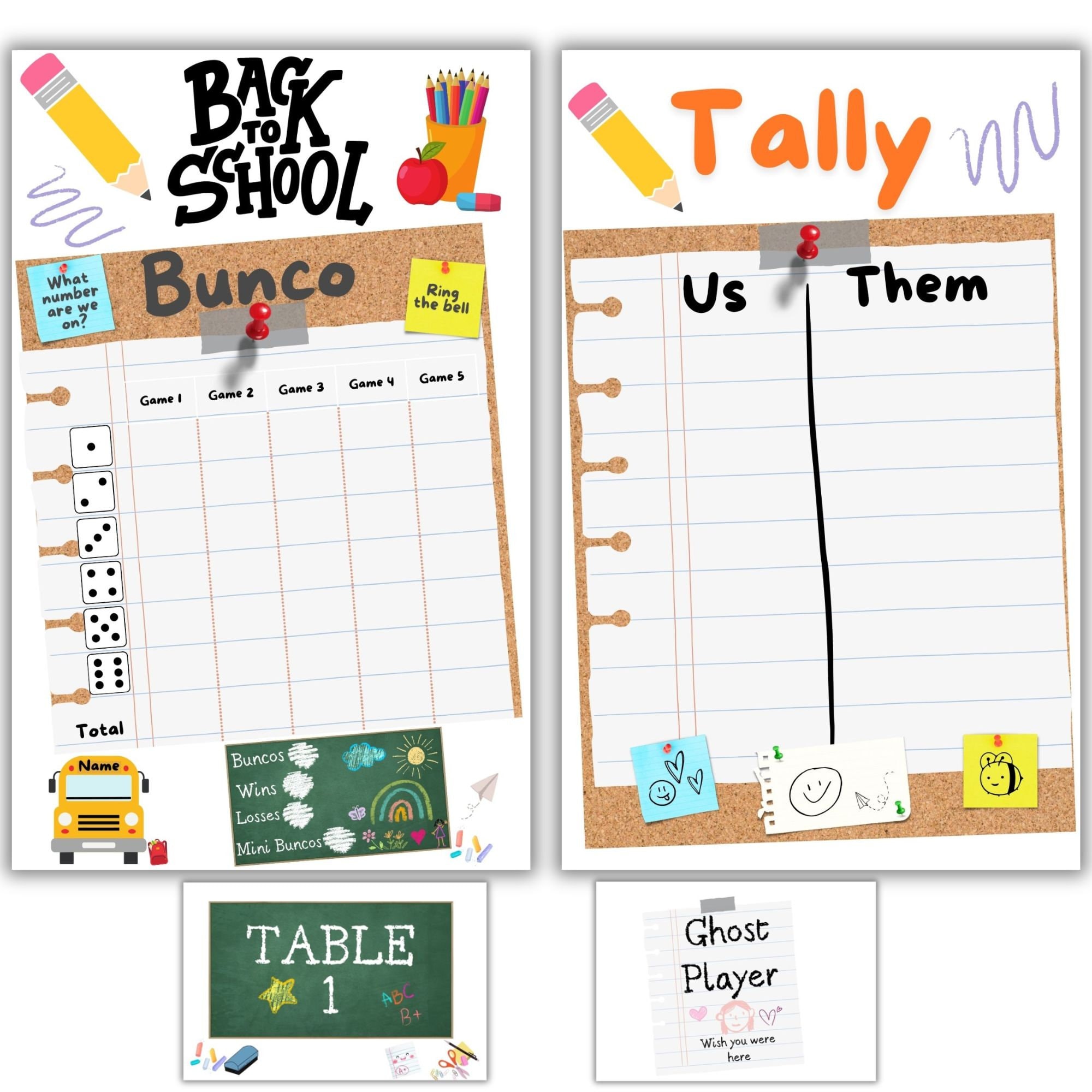Back to School Bunco Bundle, Bunco Scorecards, Theme Bunco Score Sheet, INSTANT DOWNLOAD, August September, School Bus Bunco, Teacher Bunco