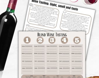 May include: A blind wine tasting game with five numbered sections. Each section has five stars for color, aroma, taste, finish, and a description of each category below. The game is designed to help people learn about wine tasting.