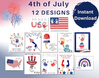 4th of July handprint art footprint art craft. 12 design bundle. Printable activity keepsake craft Printable digital download