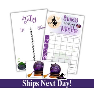 May include: A collection of Halloween-themed game printables. Includes a "Bunco With my Witches" game sheet, a tally sheet, and small cards with crystal ball graphics. The color scheme is purple, black, and white.