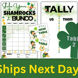 May include: A printable game board and score sheet for a St. Patrick's Day themed game called "Shake Your Shamrocks at Bunco". The game board has spaces for five rounds and a total score. The score sheet has spaces for a player's name, buncos, wins, and losses. There is also a tally sheet for keeping track of the score for two teams, "Us" and "Them".