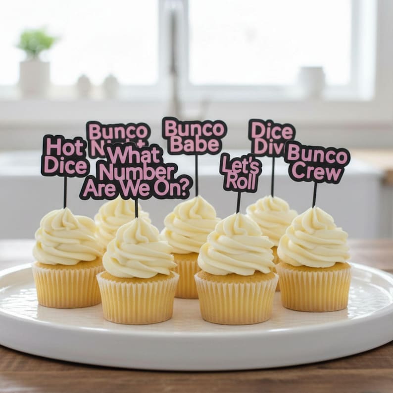 Bunco Cupcake Toppers, 8 Reusable Bunco Saying Picks, Bunco Party Decor, Game Night Treat Toppers, Bunco Gift Bunco Party Supplies image 1