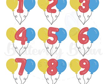 Geburtstag Luftballons Bundle Stickmuster, Stickdatei, Alter 1-9, Maschinenstickerei, sofortiger Download, Skizze, Shirt Design, PES, Schnellstich