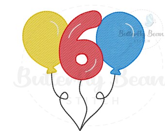 Geburtstag Luftballons Stickdatei, sechster Geburtstag, Maschine, sofortiger Download, Skizze, Shirt Design, 6, PES, Schnellstich, 10x10, 15x18