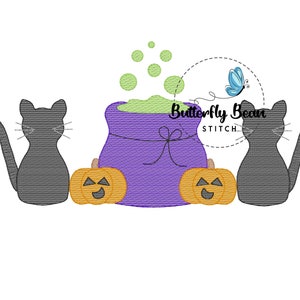 Halloween embroidery design file, sketch stitch, machine embroidery, instant download, black cats, witches brew, pumpkins, cauldron