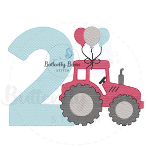 May include: A light blue number 2 with a red tractor and three balloons. The tractor has gray wheels and is decorated with a black bow and balloons in red, gray, and blue. The text "Butterfly Bean Stitch" is also visible.