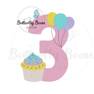 Third birthday balloons cupcake Embroidery design file, machine embroidery, instant download, sketch, shirt design, 3, PES, quick stitch