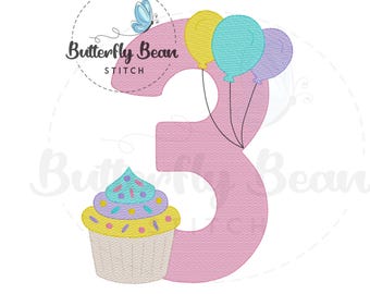 Drittes Geburtstags Luftballons Cupcake Stickmuster, Maschinenstickerei, sofortiger Download, Skizze, Shirt Design, 3, PES, Schnellstich