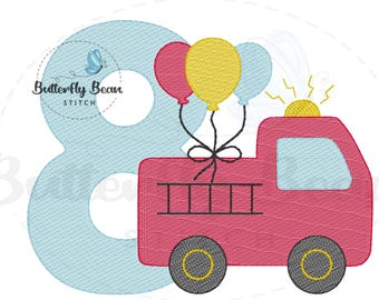 Feuerwehrauto Geburtstag Stickdatei, Stickmuster, Skizze, Geburtstag, Geburtstag, PES, Quick Stitch, T-Shirt Designs