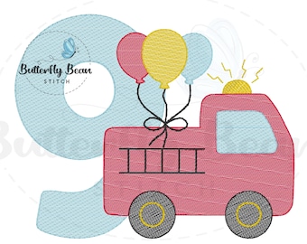 Feuerwehrauto Geburtstag Stickdatei, Stickmuster, Skizze, Geburtstag, neunter Geburtstag, PES, Quick Stitch, T-Shirt Designs