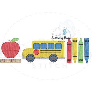 Crayons, school bus, apples embroidery design, back to school, sketch stitch, instant download, quick stitch design, preschool, PES, 7x5