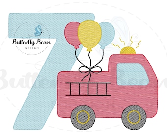 Feuerwehrauto Geburtstags-Stickerei Stickdatei, Skizze, Geburtstag, siebter Geburtstag, PES, Quick Stitch, T-Shirt Designs