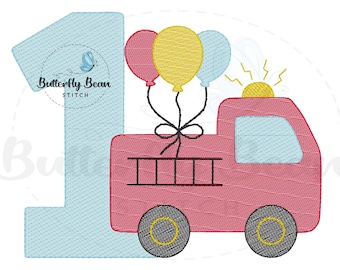 Feuerwehrauto Geburtstags-Stickerei Stickdatei, Stickdatei, Sketch Style, sofort download, Erster Geburtstag, PES, Quick Stitch, T-Shirt Designs