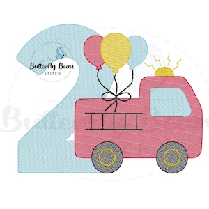 May include: A light blue number 2 with a red fire truck and balloons. The fire truck has black wheels, a ladder, and a yellow light. Three balloons in red, yellow, and blue are tied to the truck. The text "Butterfly Bean Stitch" is also present.