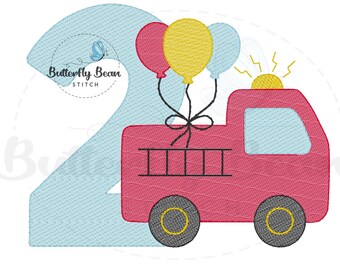 Feuerwehrauto Geburtstags-Stickerei, Stickdatei, Skizze, sofort download, PES, Stickmuster, Schnellstich, t-shirt