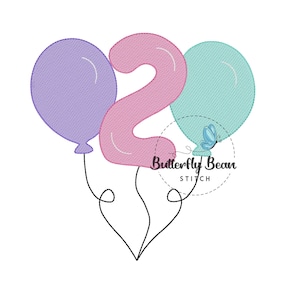 Second birthday balloons Embroidery design file, machine embroidery, instant download, sketch, shirt design, 2, PES, quick stitch, 5x7, 4x4