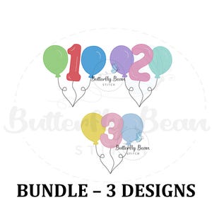 BUNDLE Birthday balloons Embroidery design file, first, second, third birthday, instant download, sketch, shirt design, PES, 4x4, 5x7