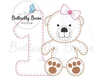 Teddybär mit Schleife Applikation, Designdatei, erster Geburtstag, Deckenstich, sofort download, Mädchen, Applikationen, Applikationen, PES, Maschinenstickerei
