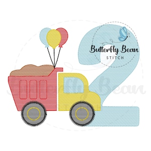 May include: A red and yellow dumper truck with a brown load, carrying three balloons in blue, white, and red. The truck is next to a blue number two with the text "Butterfly Bean Stitch" in a white circle.