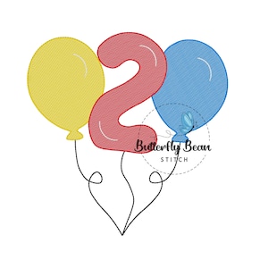 Birthday balloons Embroidery design file, second birthday, machine, instant download, sketch, shirt design, 2, PES, quick stitch, 4x4, 5x7