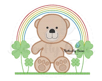 Regenbogen Kleeblatt Teddy Bär Stickmuster, Stickdatei, Skizze, St. Patrick's Day, PES, Frühling, 13x18