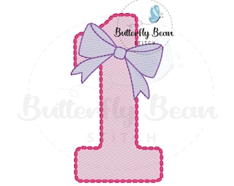 Stickmusterdatei, erster Geburtstag Zahl 1 mit Schleife, Maschinenstickerei, sofortiger Download, Skizze, Shirt Design, 1, PES, Schnellstich