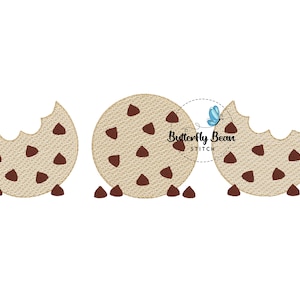 May include: Three chocolate chip cookies, two with a bite taken out, on a white background.