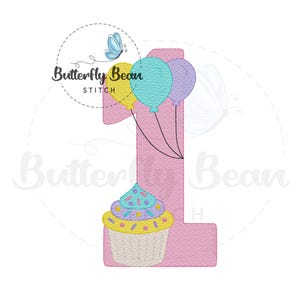 First birthday balloons cupcake Embroidery design file, machine embroidery, instant download, sketch, shirt design, 1, PES, quick stitch