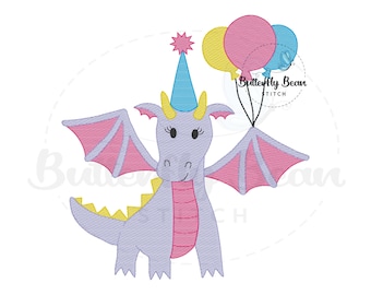 Girly Geburtstagsdrache Stickmuster, Stickdatei, Drachen, PES, Mädchen, Party, Stickmuster, schnell gestickt
