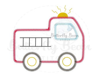 Feuerwehrauto Applikation, Zick-Zack-Stich, Transportmittel, Fahrzeuge, Maschinenstickerei, sofort Download, Kinder-Shirt, PES, 13x18