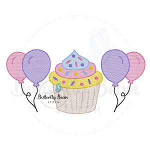 Birthday balloons cupcake Embroidery design file, birthday party, machine, instant download, sketch, shirt design, PES, quick stitch, 7x5