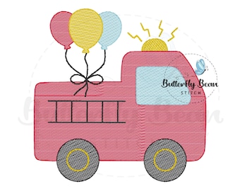 Feuerwehrauto Geburtstag Stickmuster, Stickmuster, Skizze, sofort download, Feuerwehrautos, PES, Schnellstich, Luftballons, Kinder T-Shirt Design