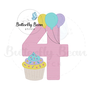 Fourth birthday balloons cupcake Embroidery design file, machine embroidery, instant download, sketch, shirt design, 4, PES, quick stitch