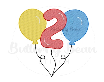 Birthday balloons Embroidery design file, second birthday, machine, instant download, sketch, shirt design, 2, PES, quick stitch, 4x4, 5x7
