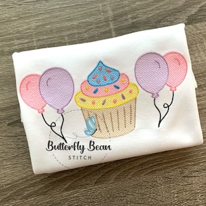 Birthday balloons cupcake Embroidery design file, birthday party, machine, instant download, sketch, shirt design, PES, quick stitch, 7x5