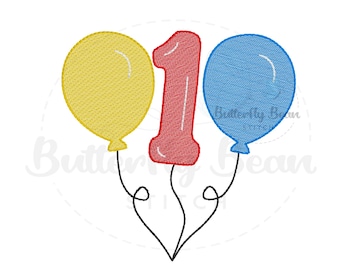 First Birthday balloons Embroidery design file, machine embroidery, instant download, sketch, shirt design, 1, PES, quick stitch, 4x4, 5x7