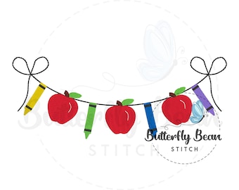 Buntstifte und Äpfel, Stickmuster, Schulanfang, Füllstich, sofort download, Schuldesign, Füllstich, Vorschule, PES, 18x15