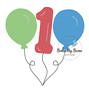 First Birthday balloons Embroidery design file, machine embroidery, instant download, sketch, shirt design, 1, PES, quick stitch, 4x4, 5x7