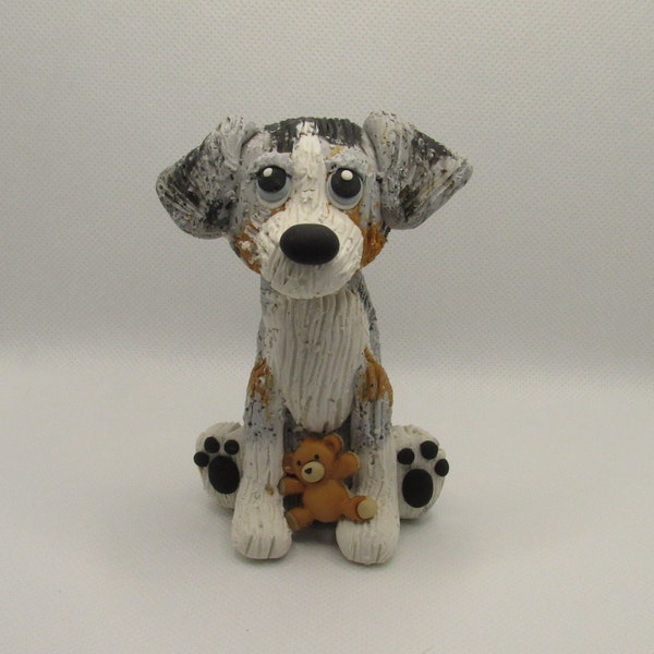 Australian Shepherd Aussie Dog Sitting with Teddy Bear Polymer Clay Figurine Dog Gifts for Men Women Mom Dad Christmas Birthday