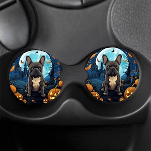 Frenchie French Bulldog Halloween Fall Autumn Pumpkin Moon Bats Ghosts Handmade Neoprene Absorbent Car Coasters Set of 2