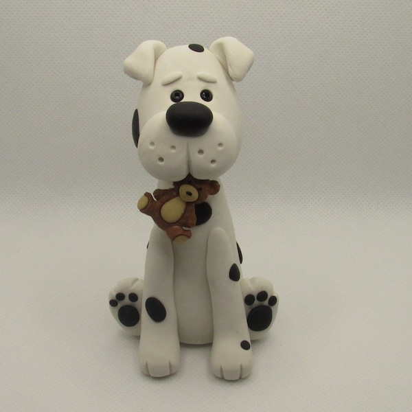 Black and White Dog Sitting with Teddy Bear Polymer Clay Figurine Dog Gift for Men Women Mom Dad Christmas Birthday Holiday