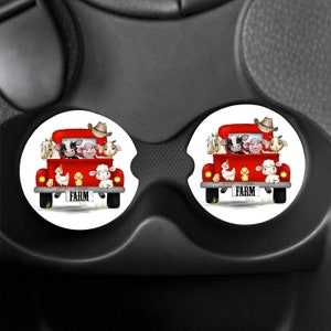 Farm Animals in Truck Horse Pig Goat Cow Lamb Chicken Rooster Handmade Neoprene Absorbent Car Coasters Set of 2