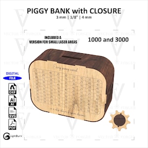 Pode incluir: Um cofrinho de madeira com uma fenda no topo e um gráfico na frente que diz "Every penny saved is a step closer to your dreams". O gráfico tem números de 10 a 50. O cofrinho tem 3 mm de espessura e está disponível nos tamanhos 1000 e 3000.