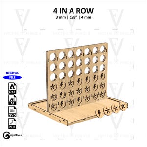 Puede incluir: Un juego de 4 en raya de madera con una base marrón y un tablero de juego vertical. El tablero de juego tiene 7 filas de 7 agujeros, y la base tiene 4 fichas de juego con un rayo y un diseño de flor. El juego está hecho de madera de 3 mm de grosor.